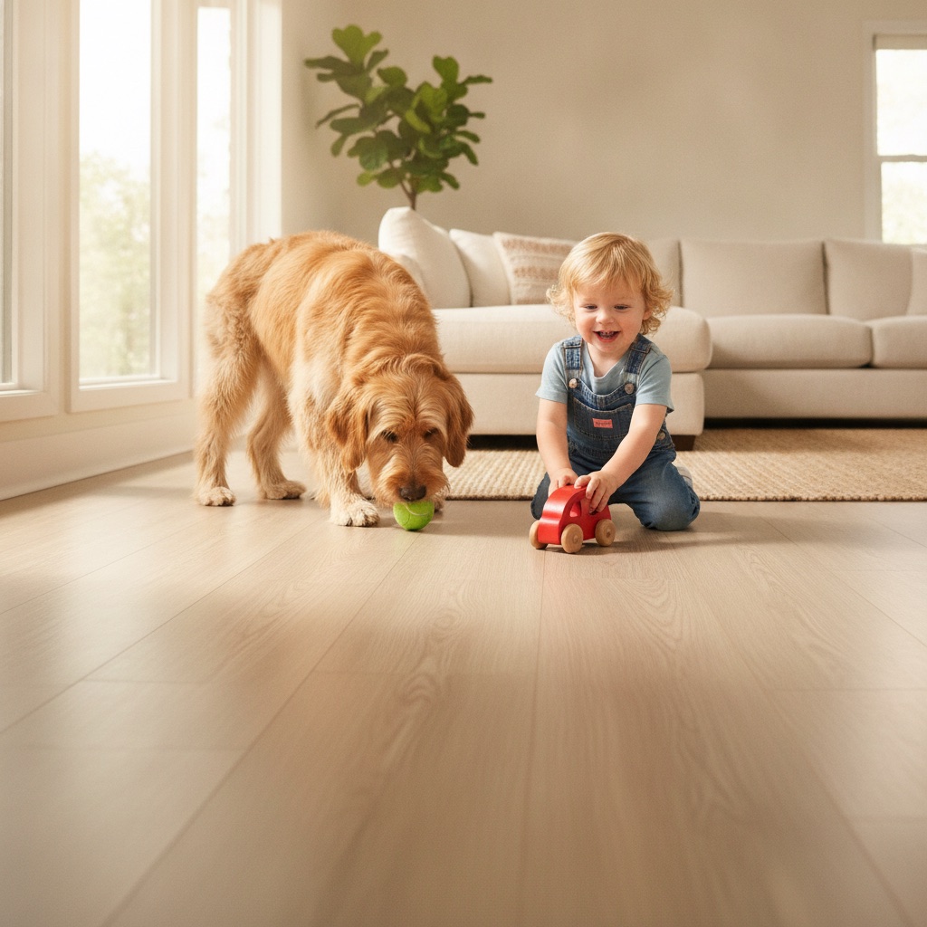 A sunlit living room with a durable floor where a golden retriever and a toddler are playing, demonstrating a worry-free, family-friendly environment.