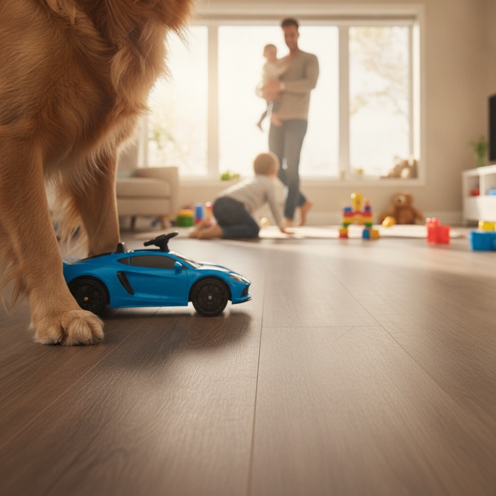 A durable LVP floor in a family home remains pristine despite a dog's paws and a child's toy car on it, showing its resilience.