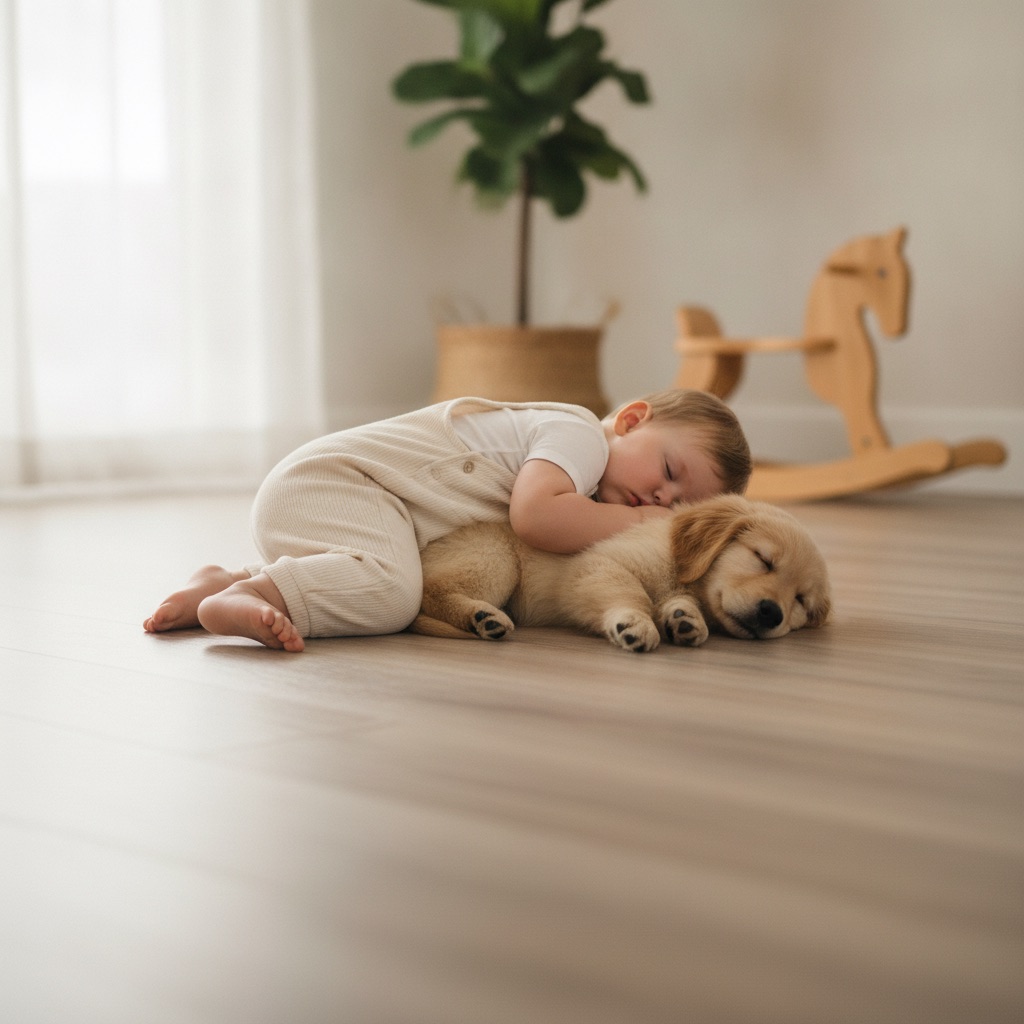 A toddler and a puppy lying comfortably on a safe, modern floor in a sunlit room.