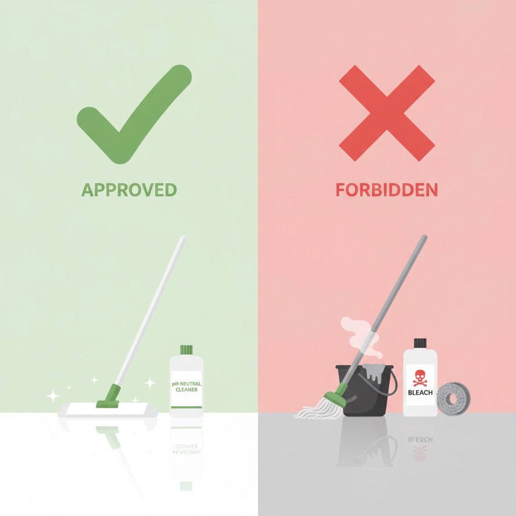 A clean, modern graphic illustration in a flat design style. On the left, a green checkmark hovers over a microfiber mop and a bottle of pH-neutral cleaner on a sparkling floor. On the right, a bold red 'X' is placed over a collection of forbidden items: a steaming mop, a bottle of bleach, and a steel wool pad, all casting a slight shadow on a dull-looking floor. The overall mood is informative, simple, and clear.