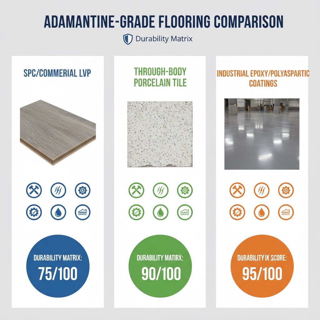 An infographic comparing SPC/LVP, Through-Body Porcelain Tile, and Industrial Coatings, highlighting their durability scores and resistance to scratches, dents, and water.