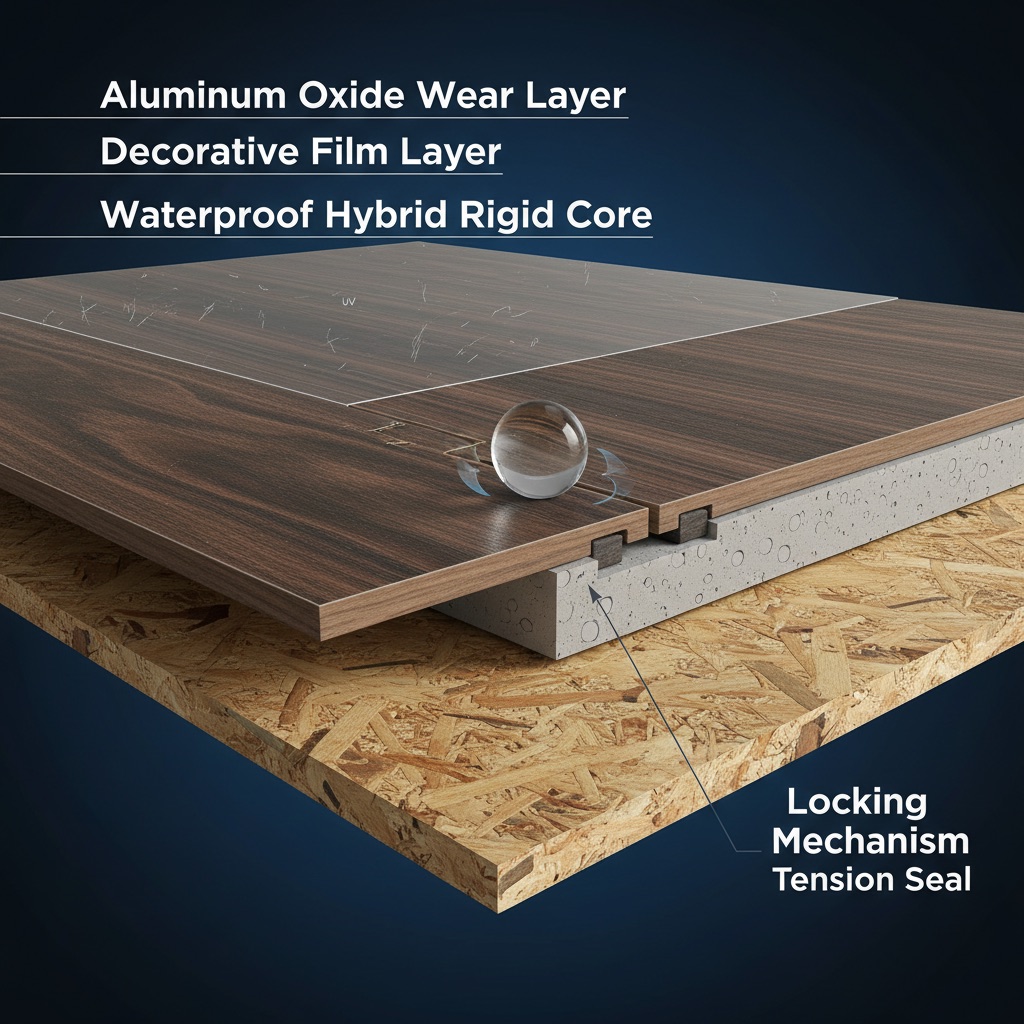A magnified cross-section of Adamantine flooring showing its aluminum oxide wear layer, decorative film, waterproof hybrid rigid core, and precision-milled locking mechanism, with water being repelled at the seam.