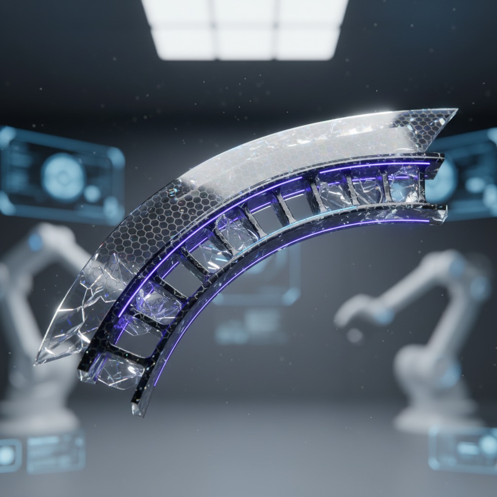 A macro 3D render of a product component showing layered textures of Diamond-Like Carbon (DLC), graphene, and technical ceramics, highlighting advanced materials for extreme durability.