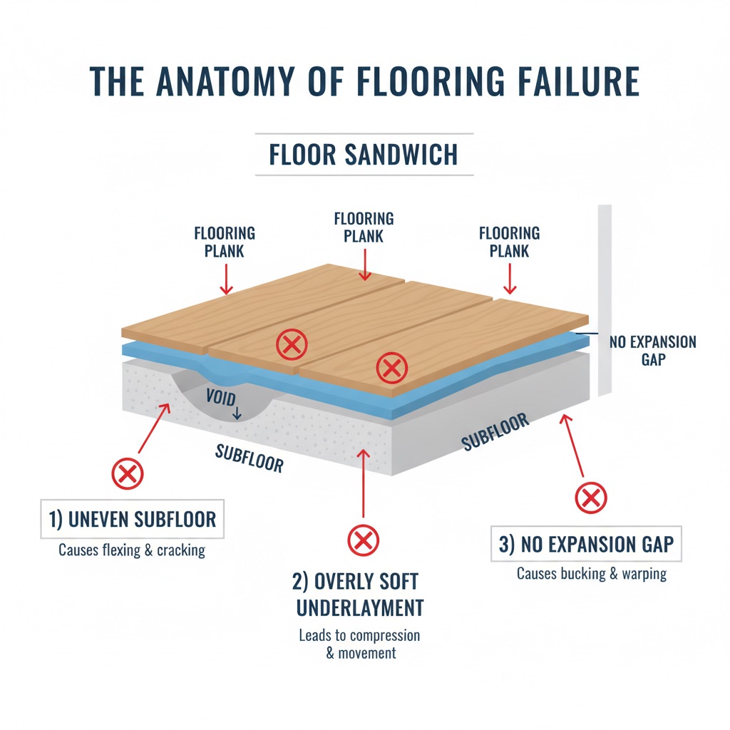 An infographic showing the three main causes of flooring failure: an uneven subfloor, incorrect underlayment, and no expansion gap, depicted as a 'Floor Sandwich'.