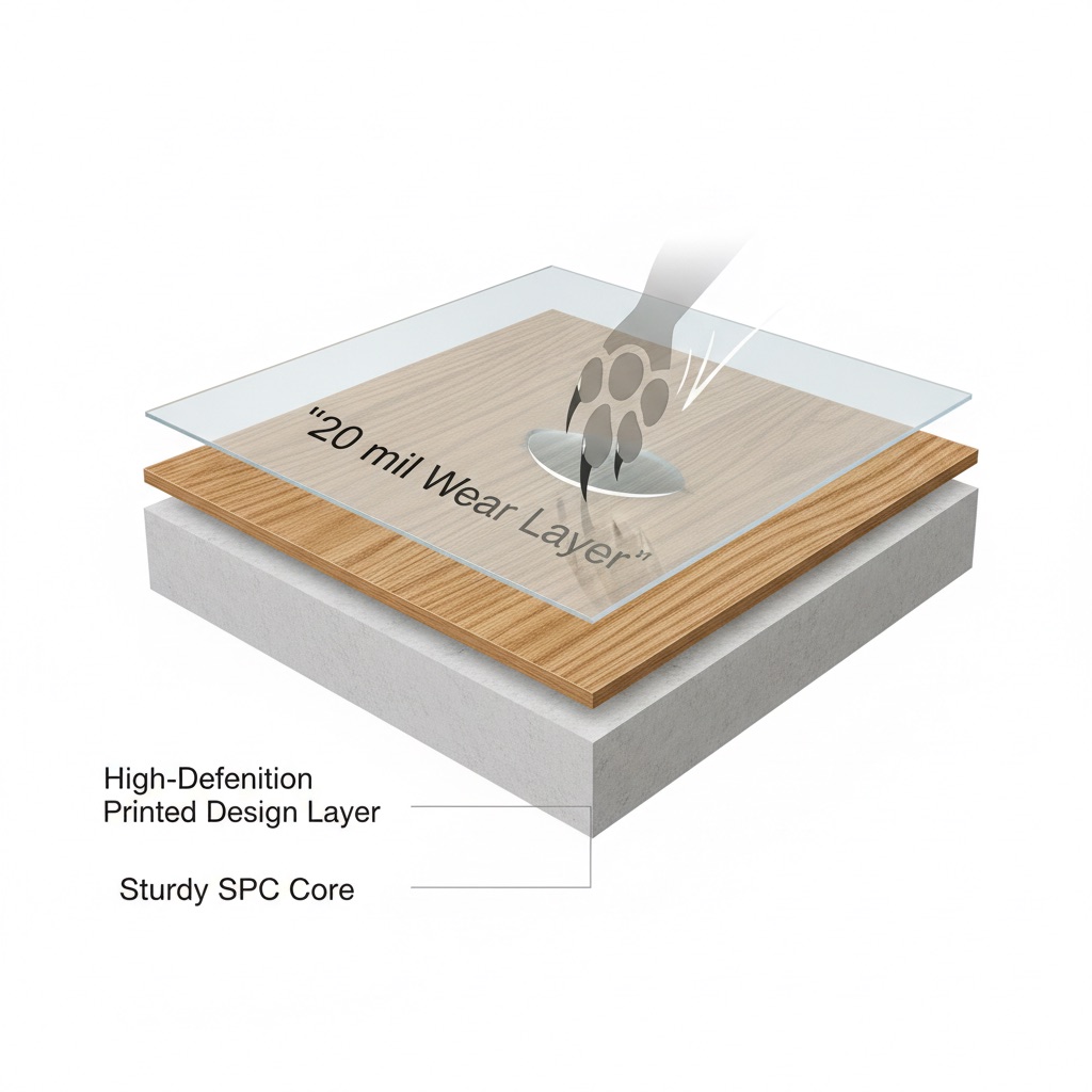 A 3D cross-section diagram of a Luxury Vinyl Plank, showing the SPC core, printed design layer, and a thick 20 mil wear layer deflecting a scratch.