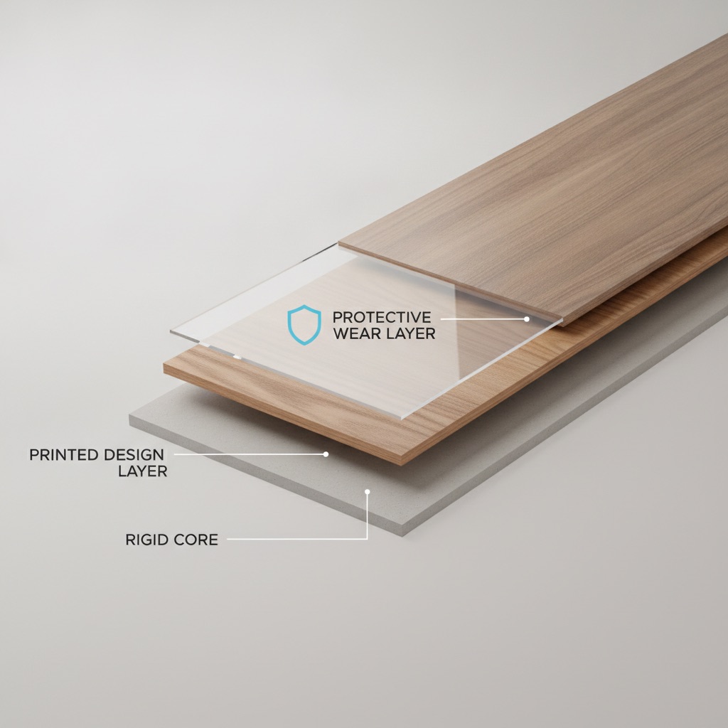 3D cutaway diagram of a durable LVP flooring plank showing its layers: Protective Wear Layer, Printed Design Layer, and Rigid Core.