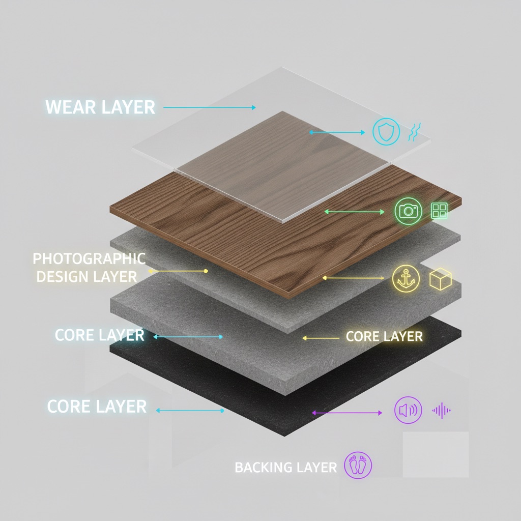 A 3D cutaway illustration of a luxury vinyl plank showing its layers: Wear Layer, Photographic Design Layer, Core Layer, and Backing Layer, to explain its durability.
