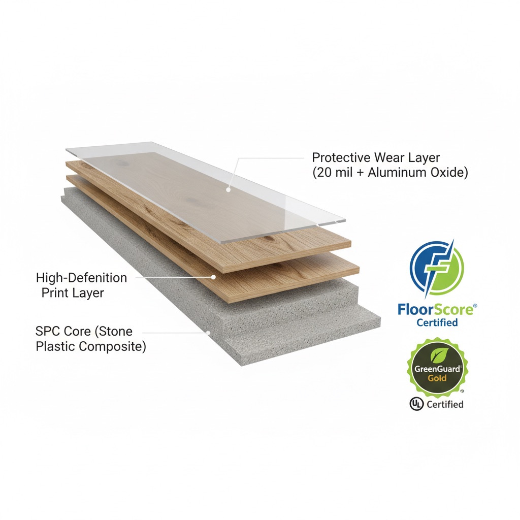A detailed cross-section of a durable floor plank showing its layers: a Protective Wear Layer with Aluminum Oxide, a High-Definition Print Layer, and an SPC Core. Logos for FloorScore Certified and GreenGuard Gold are displayed next to it.