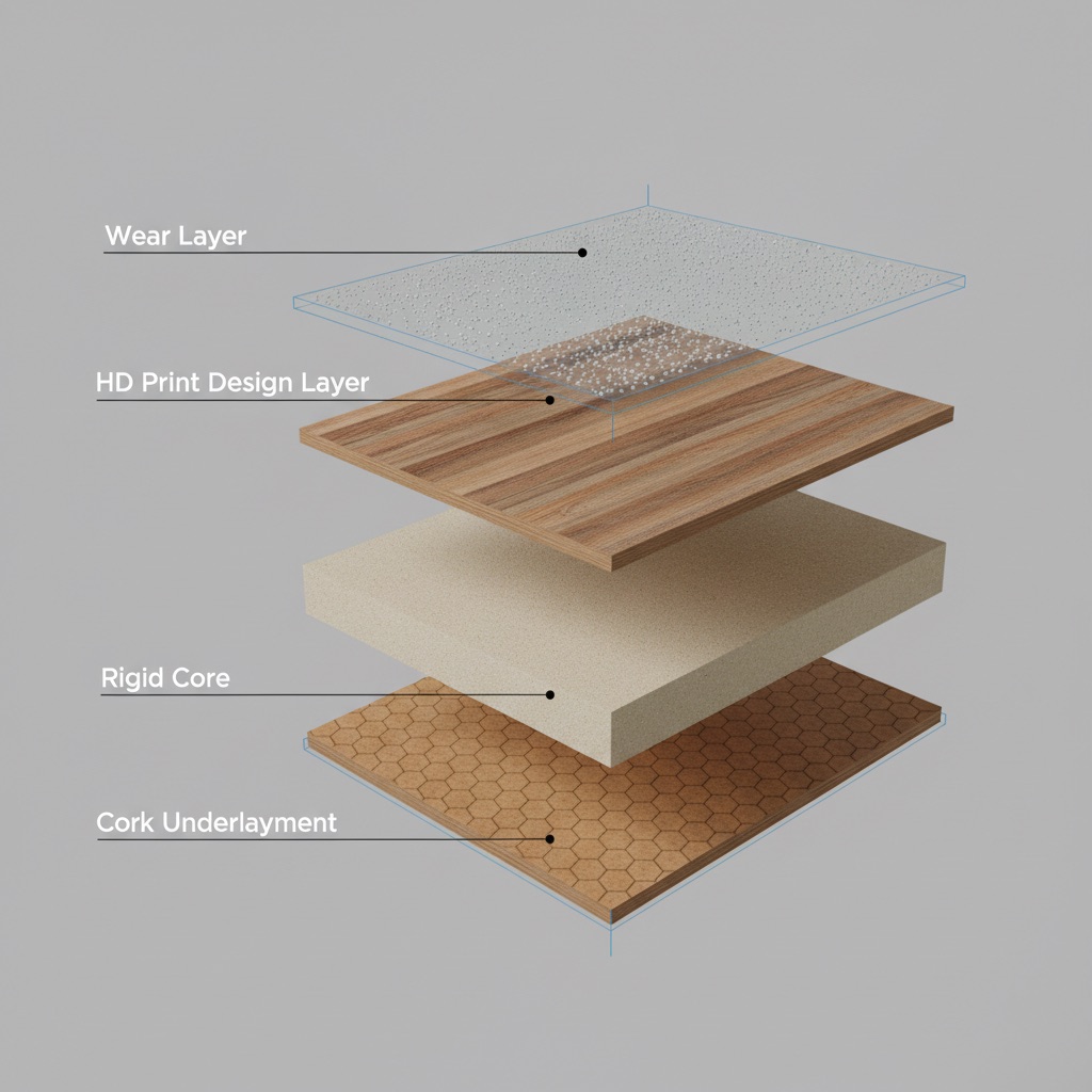 A 3D diagram showing the cross-section of a high-performance flooring plank, with its distinct layers labeled: Wear Layer, HD Print Design, Rigid Core, and Underlayment.