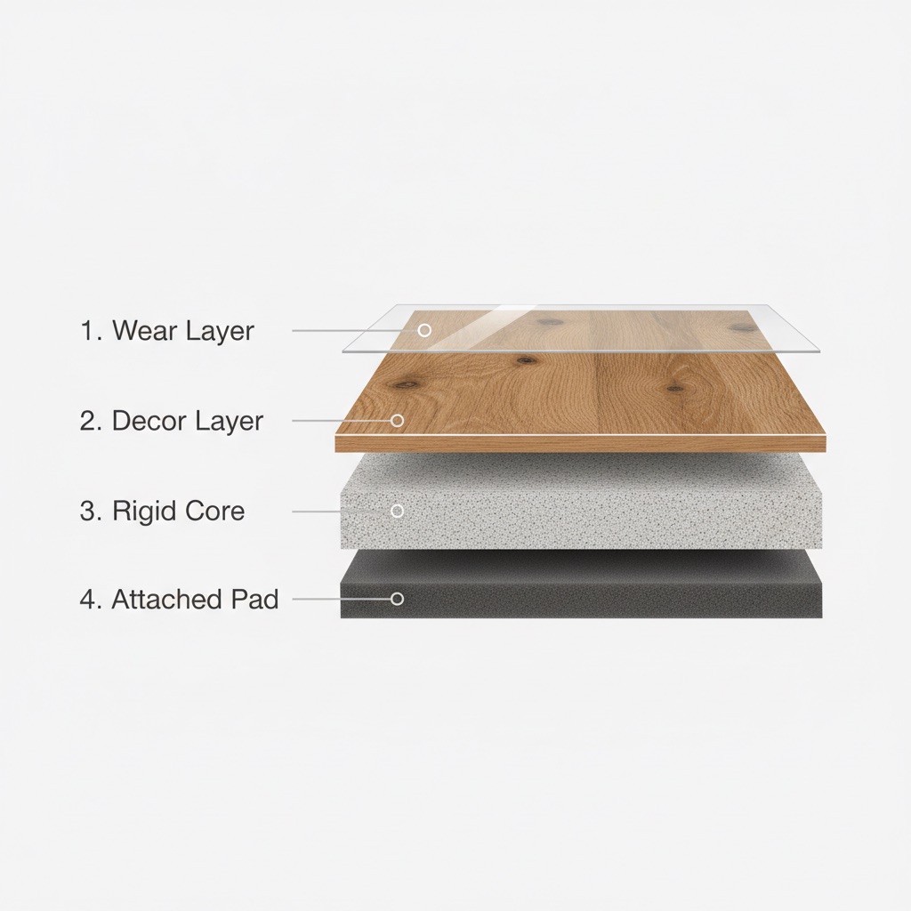 A clean, detailed cross-section diagram of a multi-layer flooring plank. Clearly label and visually differentiate the four distinct layers: 1. 'Wear Layer' (transparent, top, thin), 2. 'Decor Layer' (realistic wood or stone pattern beneath the wear layer), 3. 'Rigid Core' (thick, dense, central structural layer, possibly showing stone-polymer composite texture), and 4. 'Attached Pad' (bottom, softer, sound-absorbing texture). Use a modern, infographic-style with clear lines, subtle textures for each layer, and a professional aesthetic.
