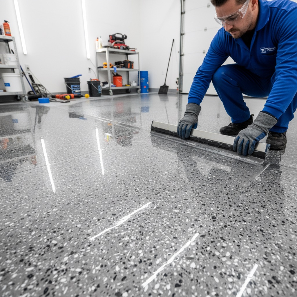 A close-up, high-angle shot of a professional applying a thick, glossy, industrial-grade epoxy or polyaspartic coating to a concrete floor in a modern, clean garage or basement setting. The coating is being spread evenly with a squeegee, showcasing its self-leveling properties and creating a seamless, ultra-durable finish. The floor has a subtle metallic or stone-like texture.