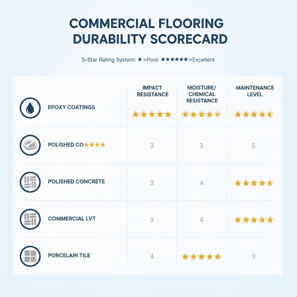 Infographic: Commercial Flooring Durability Scorecard rating Epoxy, Polished Concrete, LVT, and Porcelain Tile on impact resistance, scratch resistance, and maintenance.