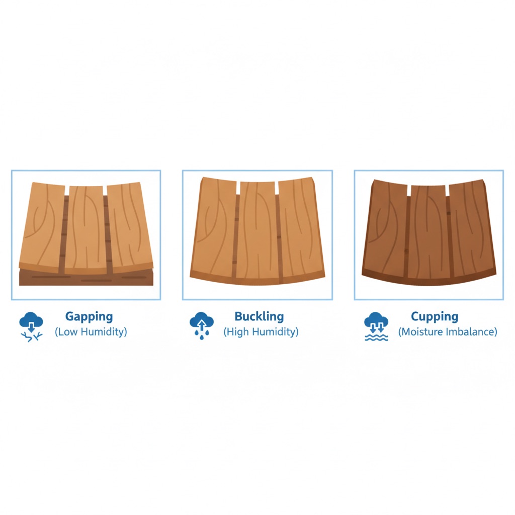 An infographic illustrating three common flooring problems: Gapping due to low humidity, Buckling from high humidity, and Cupping from moisture imbalance.