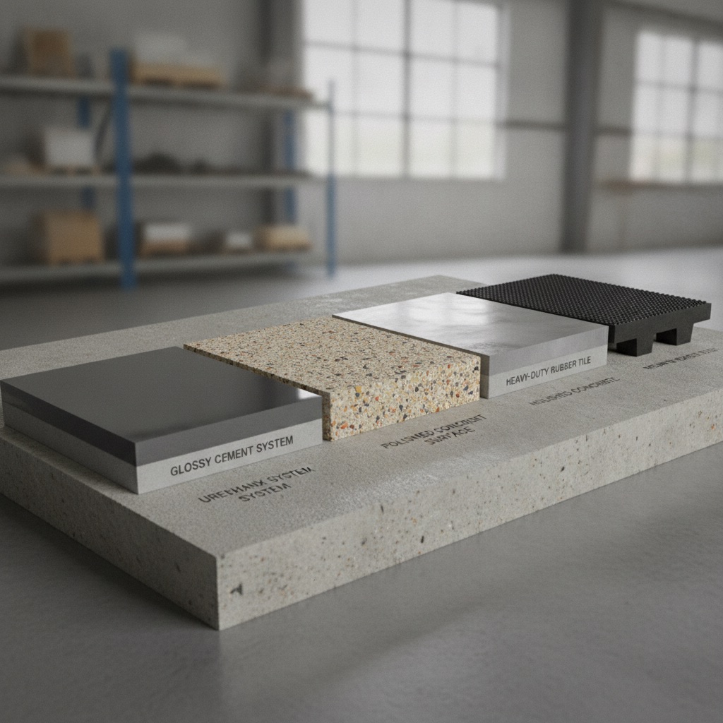 A photorealistic, side-by-side comparison of four industrial flooring cross-sections on a concrete base, presented like a product showcase. From left to right: a glossy, seamless epoxy system; a thick, aggregate-rich urethane cement system; a dense, polished concrete surface showing a hardened sheen; and a thick, interlocking heavy-duty rubber tile. Each section is clearly labeled, and the lighting is clean and bright to highlight the different textures and compositions.