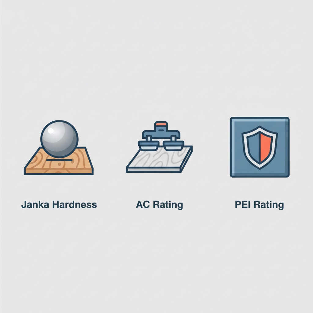 Infographic illustrating flooring durability ratings: Janka Hardness test for wood, AC Rating for laminate, and PEI Rating for tile.
