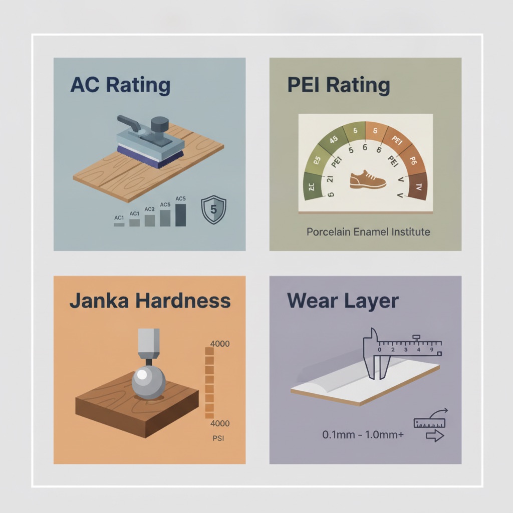 A clean, modern infographic divided into four distinct quadrants against a neutral background. Each quadrant visually represents a flooring durability rating: one shows a sanding machine testing a laminate plank for 'AC Rating', another a wear scale on a tile for 'PEI Rating', a third shows a steel ball pressing into a wood plank for 'Janka Hardness', and the fourth shows a caliper measuring the 'Wear Layer' thickness on a vinyl plank. The style is flat design with a cohesive color palette, clear icons, and bold typography.