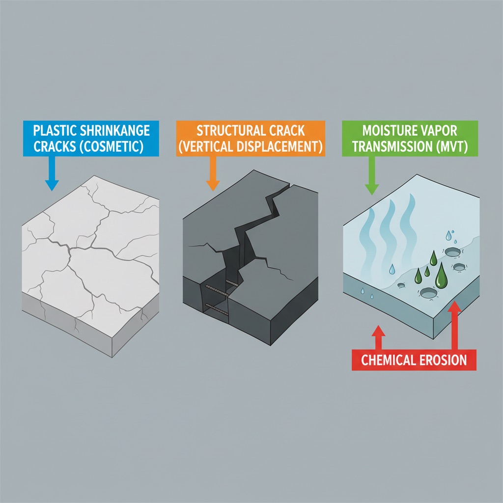An infographic-style illustration depicting common industrial floor failures. The image is split into sections: one showing a concrete slab with fine, web-like 'plastic shrinkage cracks' (cosmetic), another with a deep, wide 'structural crack' showing vertical displacement, and a third section with abstract representations of moisture vapor rising through the slab (MVT) and corrosive chemical droplets eroding the surface.