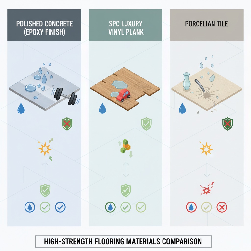 A visually engaging comparison matrix or infographic showcasing three distinct high-strength flooring materials. Each material is presented in its own panel: 1) Polished concrete with an epoxy finish, demonstrating water beading off, a key attempting to scratch it with no effect, and a heavy object (e.g., a dumbbell) bouncing off its surface. 2) SPC (Stone Plastic Composite) Luxury Vinyl Plank, depicted with water pooling on its surface without penetration, a scratch test showing only minor marks, and a moderate impact (e.g., a child's toy dropping) resulting in slight absorption. 3) Porcelain Tile, showing water completely repelled, a deep scratch test failing, and a glass object shattering upon impact (emphasizing its hardness but also brittleness). Use small, consistent icons for water resistance, scratch resistance, and impact resistance in each panel. Style: clean, illustrative, slightly isometric 3D elements for the materials, clear visual cues for durability levels.