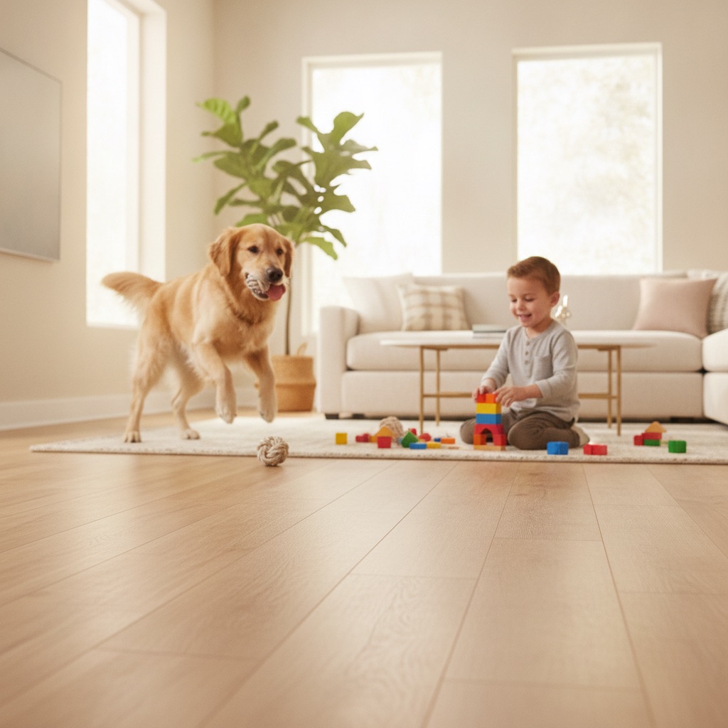 A warm, inviting, low-angle shot of a modern living room with luxury vinyl plank flooring. A happy golden retriever is mid-play, with a toy on the floor, and a young child is sitting nearby building with colorful blocks. The floor is pristine, showing no scratches or dents, perfectly illustrating its resilience against pets and kids.