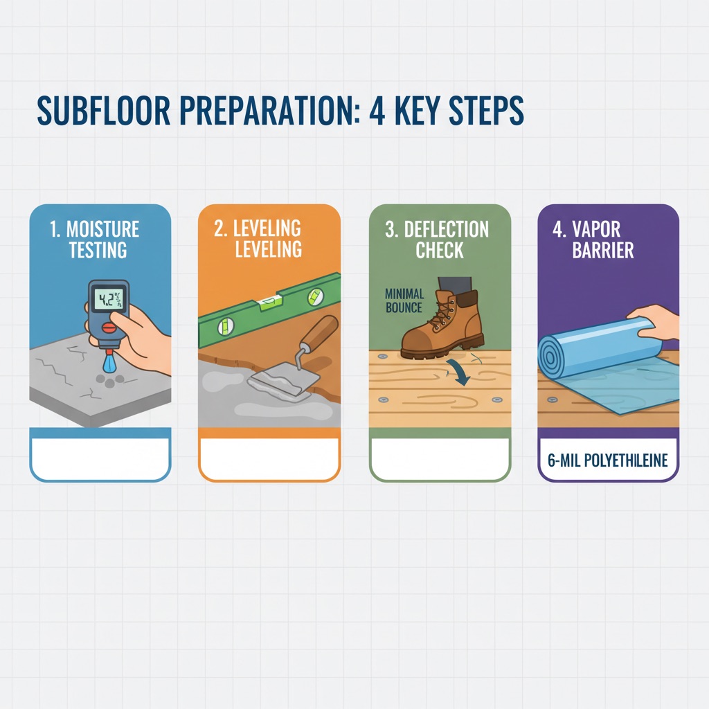 An infographic-style illustration depicting the four key steps of subfloor preparation. Each step is represented by a clear icon or simplified scene: 1. Moisture Testing (a hand holding a moisture meter on a concrete slab), 2. Leveling (a spirit level on a subfloor with a trowel smoothing a patching compound), 3. Deflection Check (a foot gently pressing on a wood subfloor with an arrow indicating minimal bounce), and 4. Vapor Barrier (a roll of 6-mil polyethylene being laid over a subfloor). Use a clean, professional, and slightly technical aesthetic with clear labels for each step.