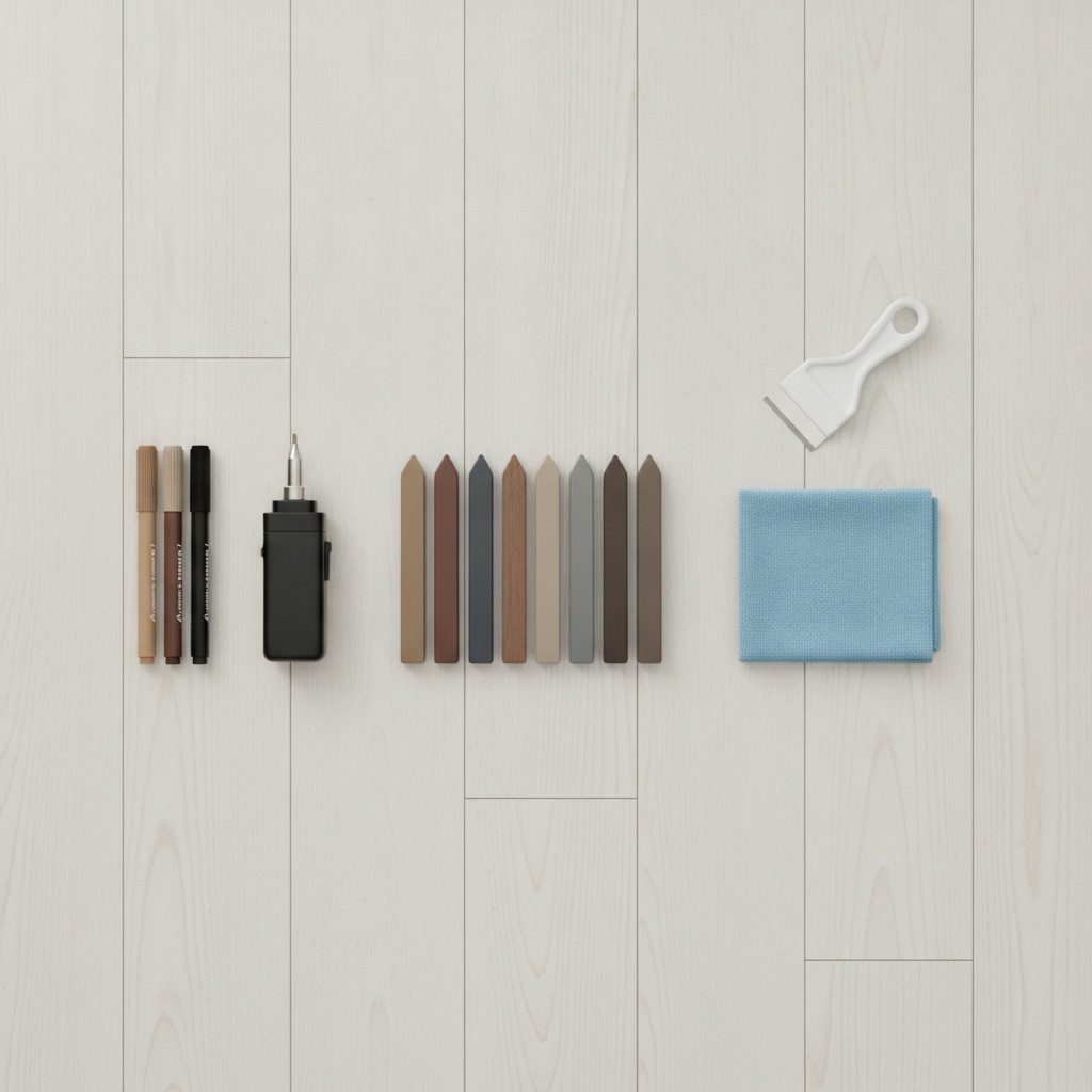 A top-down, 'knolling' style photograph of a DIY floor repair kit laid out neatly on a light wood background. The kit includes colored wax sticks, a small battery-powered melting tool, floor repair markers, a plastic scraper, and a clean microfiber cloth. The scene is well-lit, clean, and organized, conveying a sense of expertise and readiness for a DIY project. The focus is sharp on the tools, making them look professional and accessible.