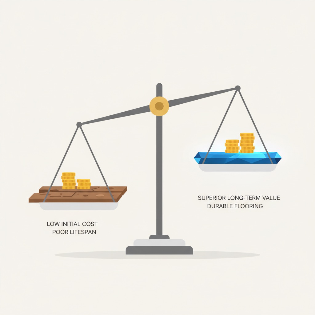 An infographic of a balance scale showing that a durable floor plank outweighs a larger stack of coins, symbolizing superior long-term value.