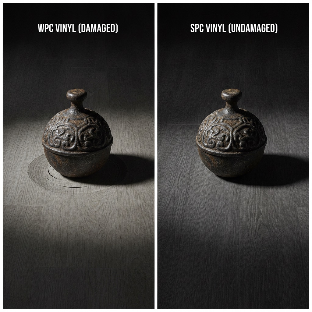 A dramatic, photorealistic split-panel image comparing flooring durability. On the left, a heavy, ornate cast-iron weight has created a significant, permanent dent in a standard WPC vinyl plank. On the right, the exact same weight sits harmlessly on a Stone Plastic Composite (SPC) vinyl plank, which remains perfectly flat and undamaged, highlighting its superior density and resilience. The lighting is focused to emphasize the dent on the left and the flawless surface on the right.