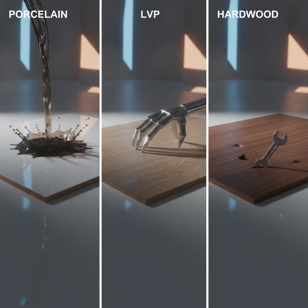 A side-by-side durability test showing porcelain tile repelling liquid, LVP resisting a scratch, and hardwood getting a minor dent.