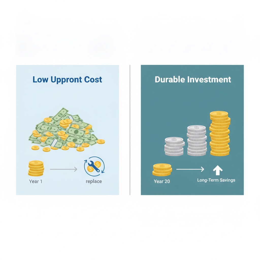 A clean, infographic-style illustration with a split-screen comparison. On the left, under the title 'Low Upfront Cost,' a small stack of coins at 'Year 1' grows into a much larger, messy stack of bills and coins at 'Year 20' with a 'replace' icon appearing in the middle. On the right, under 'Durable Investment,' a larger, neater stack of coins at 'Year 1' remains the same size at 'Year 20,' demonstrating long-term savings.