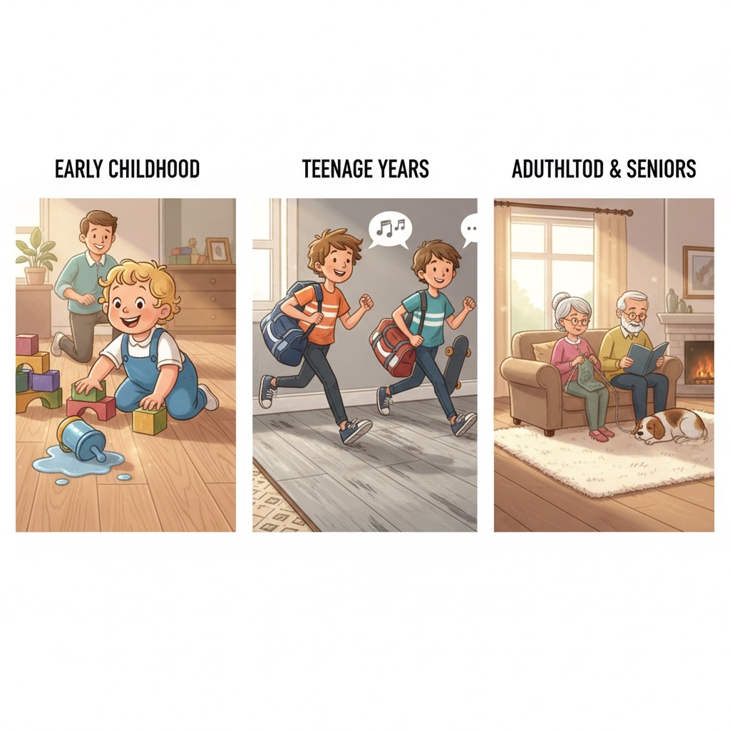 Multi-panel illustration showing ideal flooring solutions for different family stages, from toddlers on LVP/linoleum to teenagers on durable laminate with acoustic underlayment.