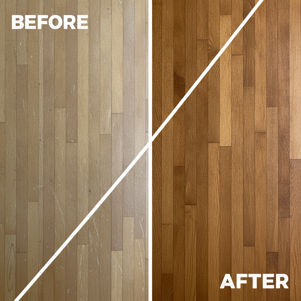 A split-screen image comparing a faded, scratched hardwood floor before restoration to the same floor after being refinished, showing a rich, smooth, and vibrant surface.