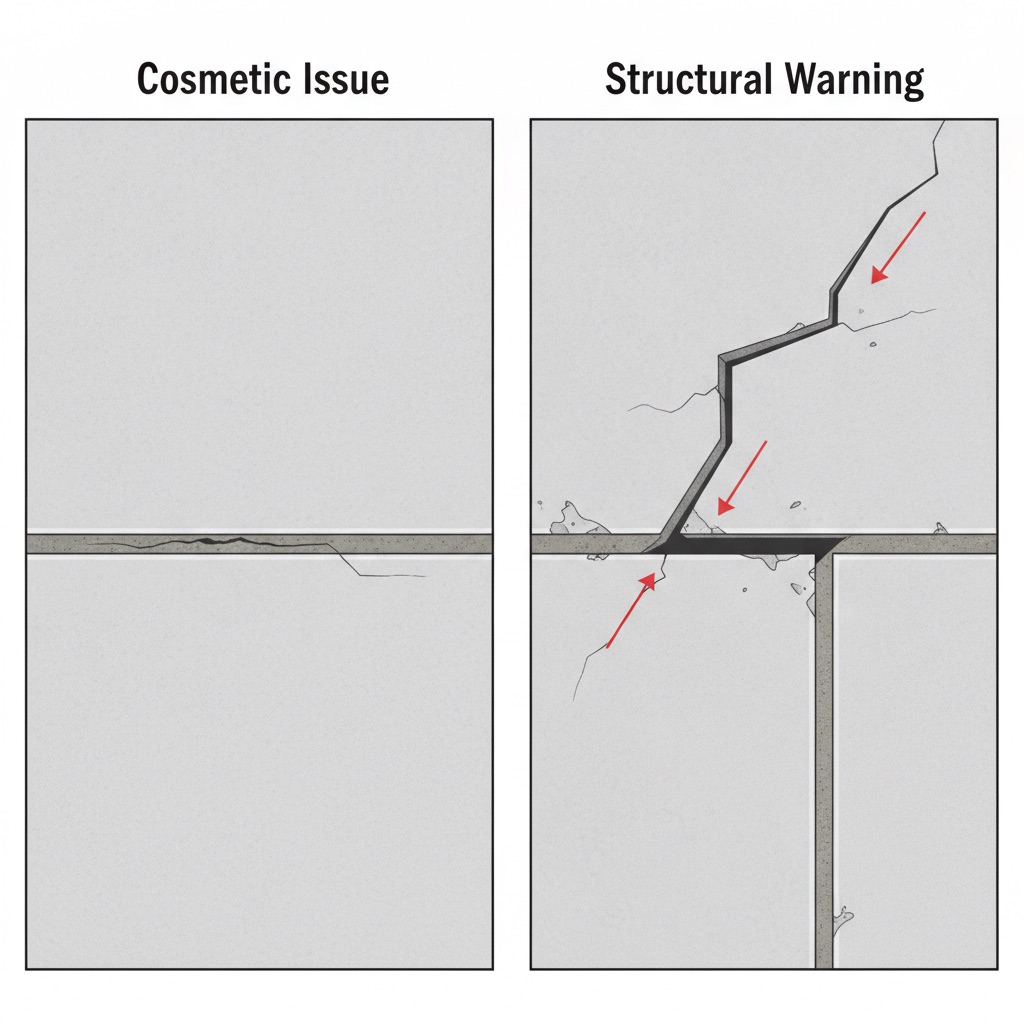 An illustrated guide comparing a cosmetic hairline crack in a grout line versus a structural crack that runs across multiple tiles.