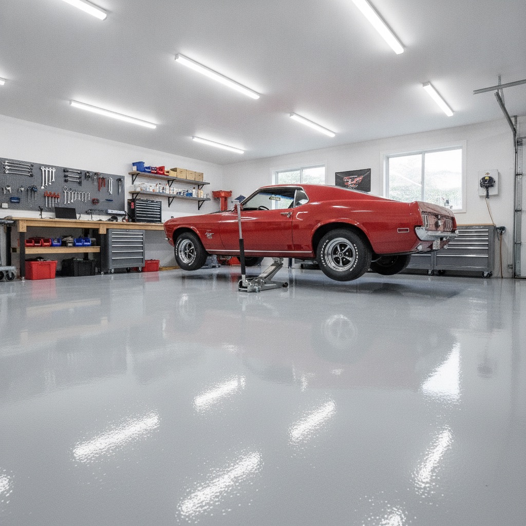 A pristine, well-organized workshop garage with a glossy, light gray epoxy or polyaspartic floor coating. A vintage muscle car is partially raised on a floor jack, demonstrating the floor's incredible point-load strength without any indentation or cracking. The lighting is bright and clean, reflecting off the seamless, durable surface.