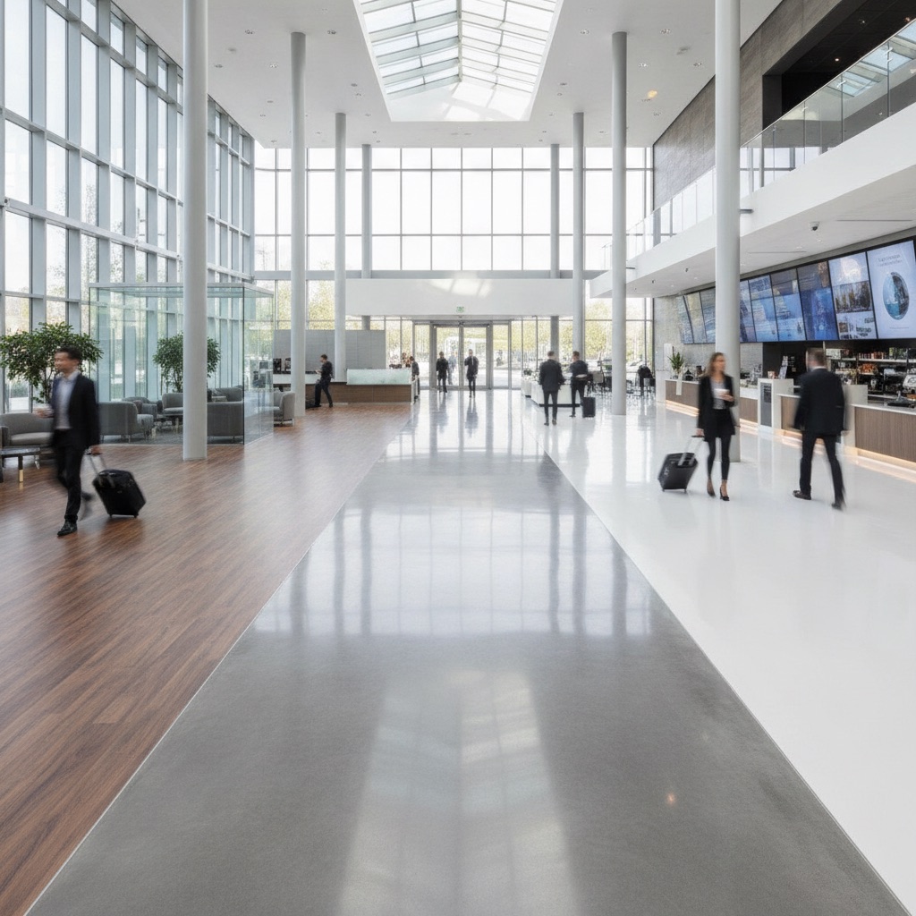 A commercial lobby floor shown in three sections: luxury vinyl tile, polished concrete, and seamless epoxy.