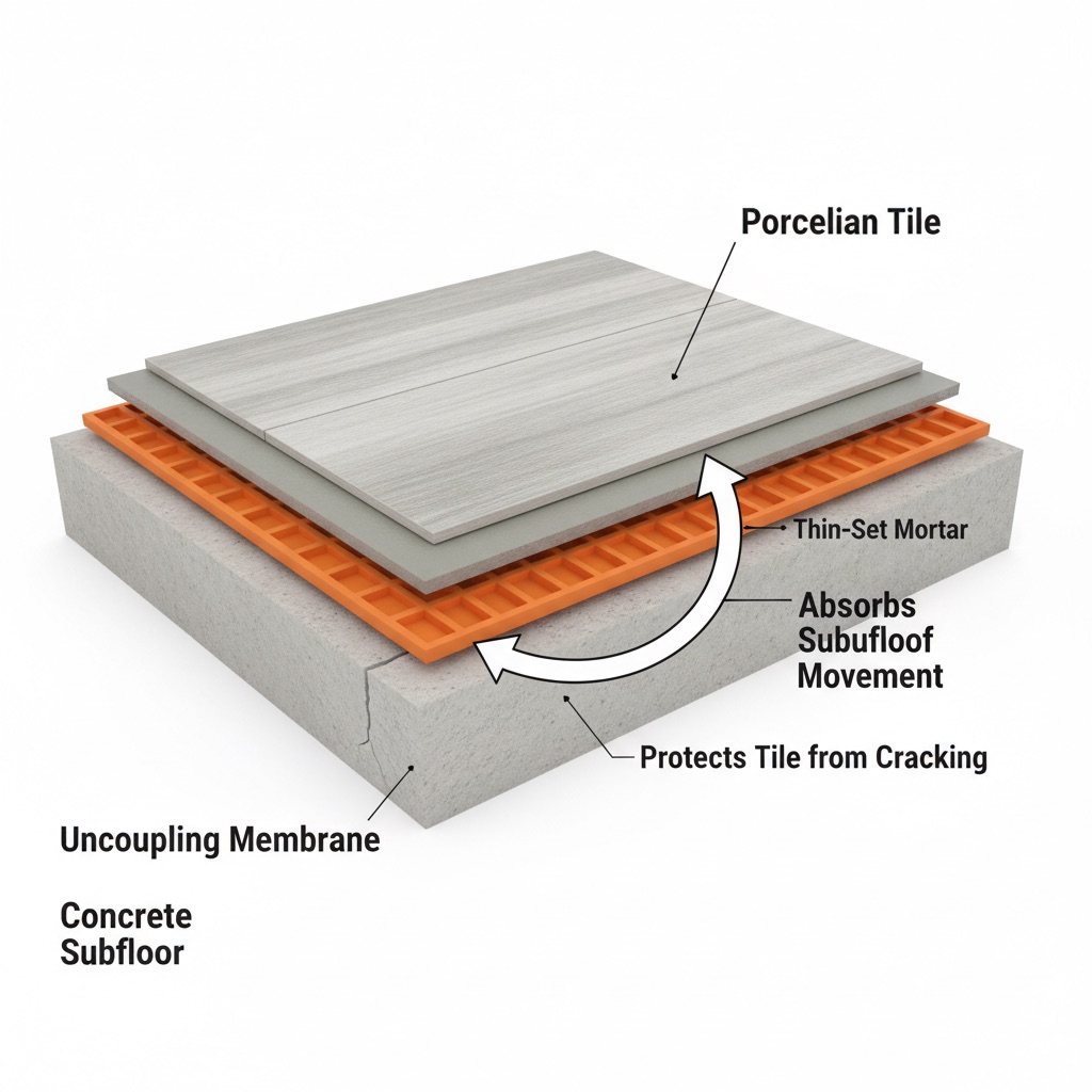 A 3D cutaway diagram showing how an uncoupling membrane protects a porcelain tile from a crack in the concrete subfloor.