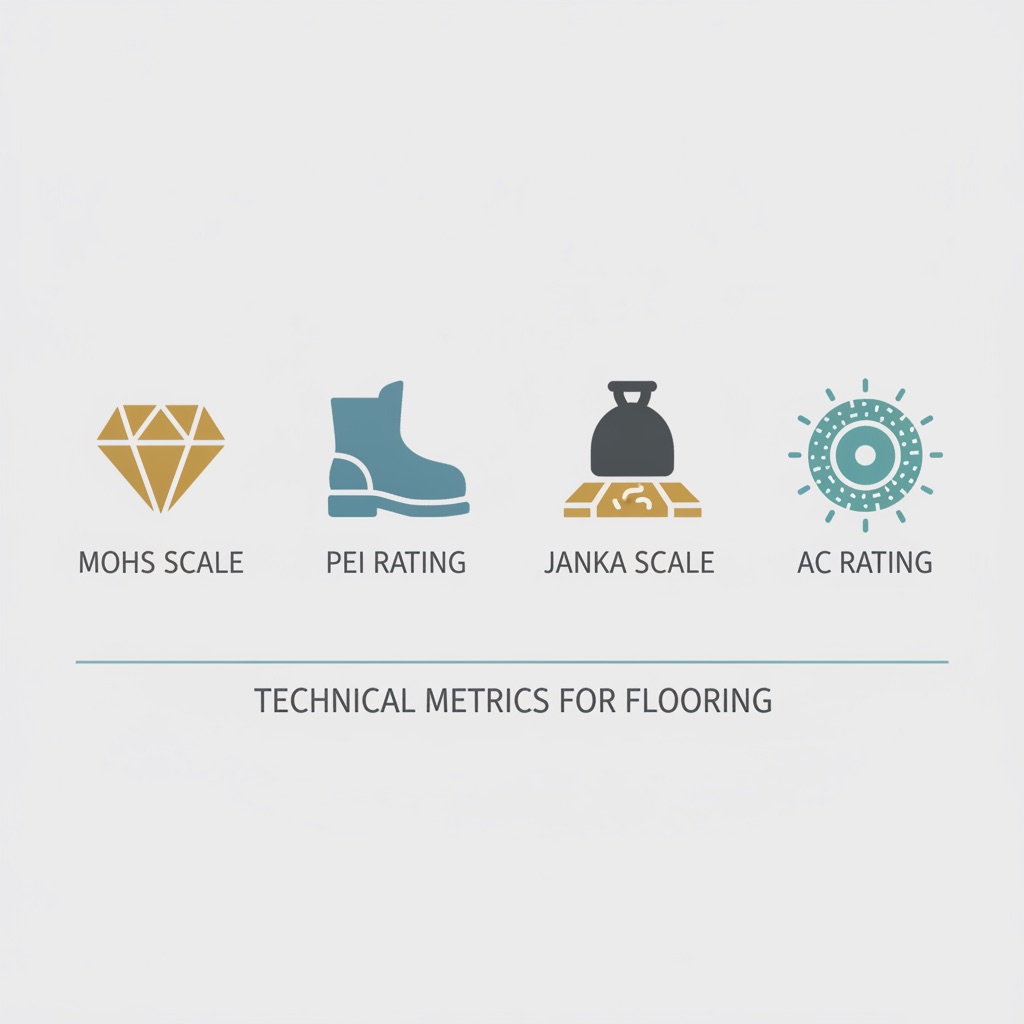 A clean infographic showing four icons for key flooring durability metrics: a diamond for MOHS scale, a boot for PEI rating, a weight on wood for Janka scale, and an abrasive wheel for AC rating.