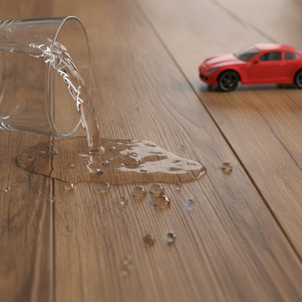 Water spilling and beading up on a luxury vinyl plank floor, demonstrating its waterproof and kid-proof qualities.