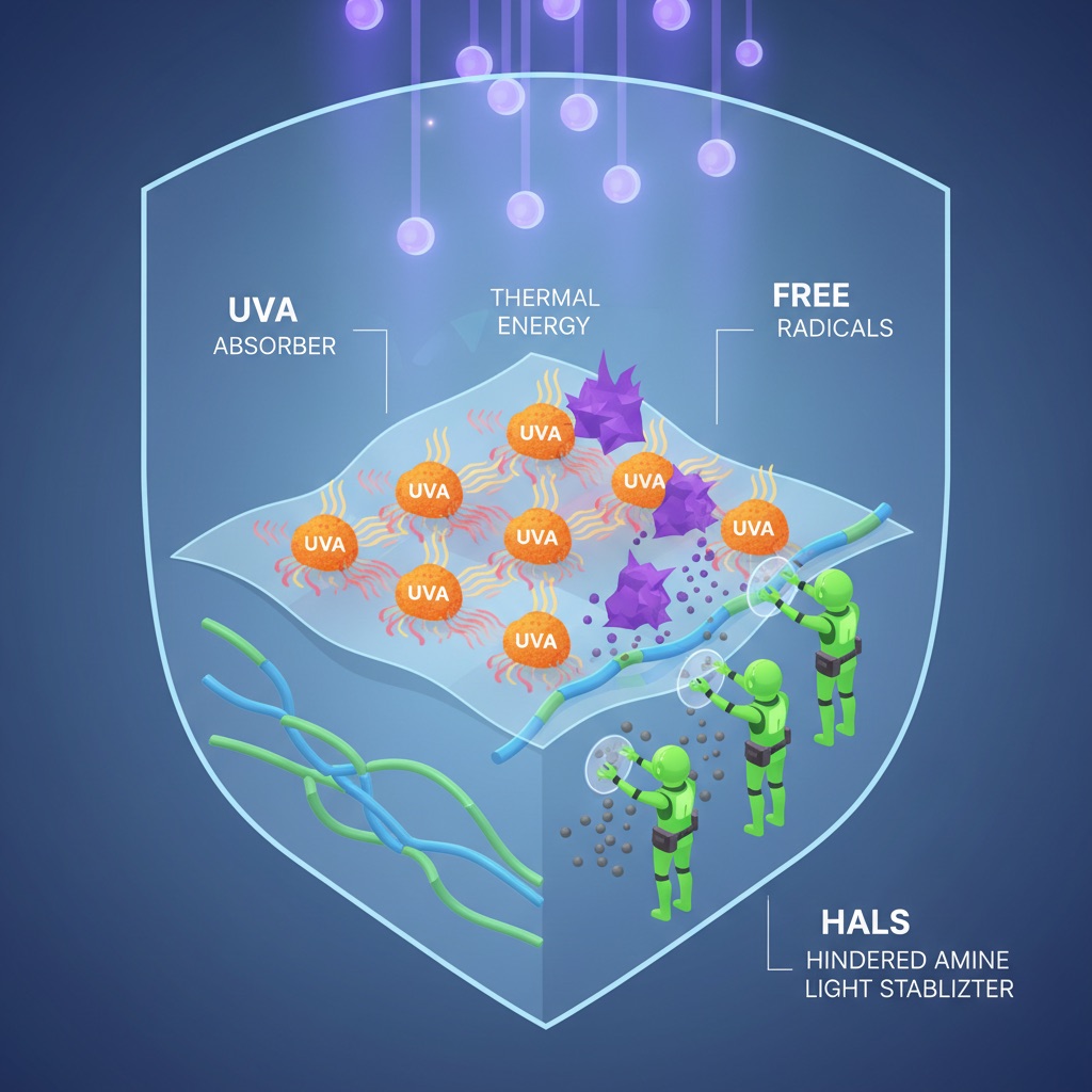 A vibrant, conceptual illustration depicting the molecular defense mechanism against UV rays. Show a stylized surface layer with incoming high-energy UV photons. UV Absorber (UVA) molecules are shown as small, sponge-like structures intercepting photons and dissipating their energy as harmless, low-level thermal heat (represented by faint heat waves). Hindered Amine Light Stabilizer (HALS) molecules are depicted as 'cleanup crew' figures, neutralizing 'free radicals' (represented as jagged, destructive particles) that have bypassed the UVAs and are attempting to break polymer bonds.