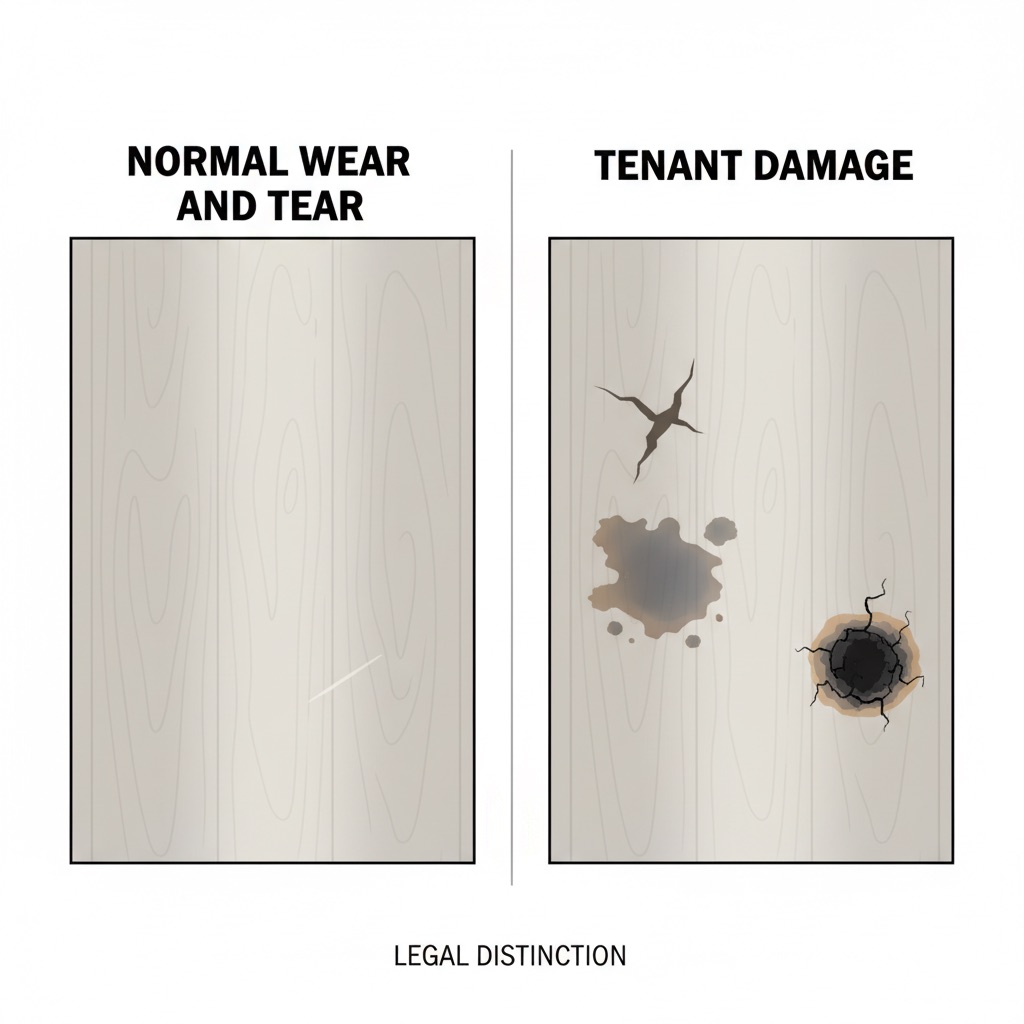 A clear, conceptual illustration with two distinct panels or a visual scale. Left panel (or one side of scale): 'Normal Wear and Tear' showing subtle, minor imperfections like slight fading, a faint scuff mark, or gentle dulling in a high-traffic path on a floor. Right panel (or other side of scale): 'Tenant Damage' showing obvious, severe damage like a deep gouge, a large pet stain, or a burn mark. Use a neutral, clean aesthetic to convey a legal distinction. Style: clean, minimalist illustration, with clear labels for each category.