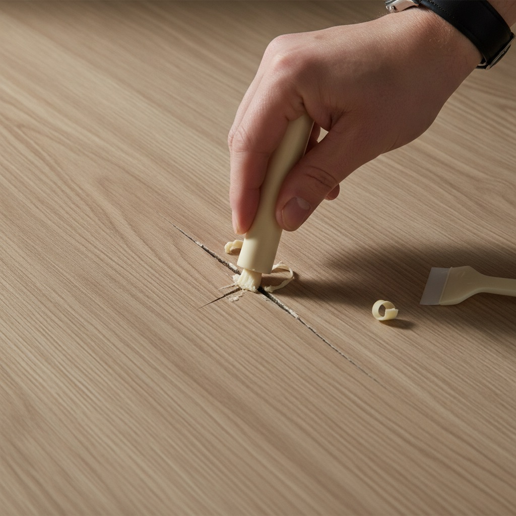 A detailed, photorealistic macro shot focusing on a person's hand carefully repairing a scratch on a light-colored laminate floor. The hand is using a color-matched wax putty stick from a repair kit to fill the scratch. The surrounding area is clean, and the lighting is bright and focused, highlighting the repair process. The mood is precise, careful, and satisfying.