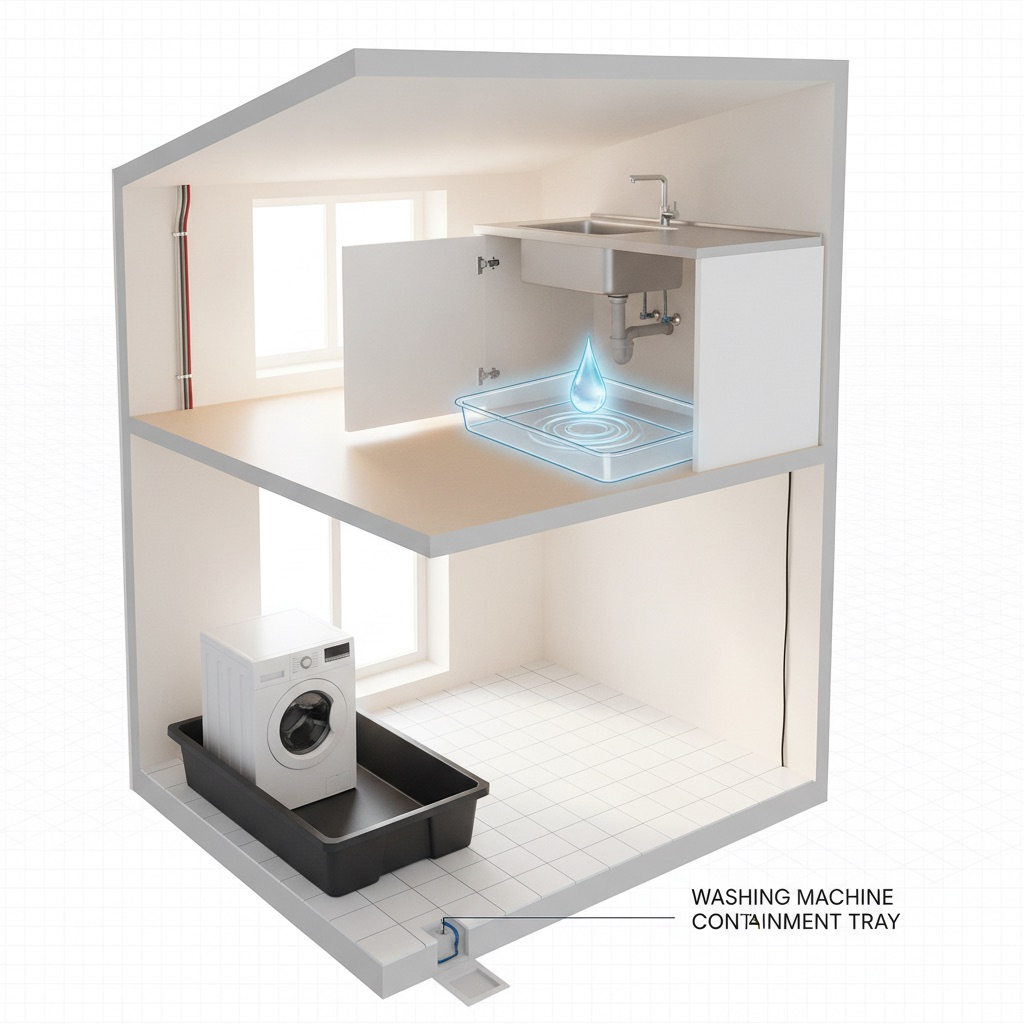 A 3D illustration demonstrating spill prevention, showing a washing machine in a containment tray and a plastic tray under a sink catching a water drip.