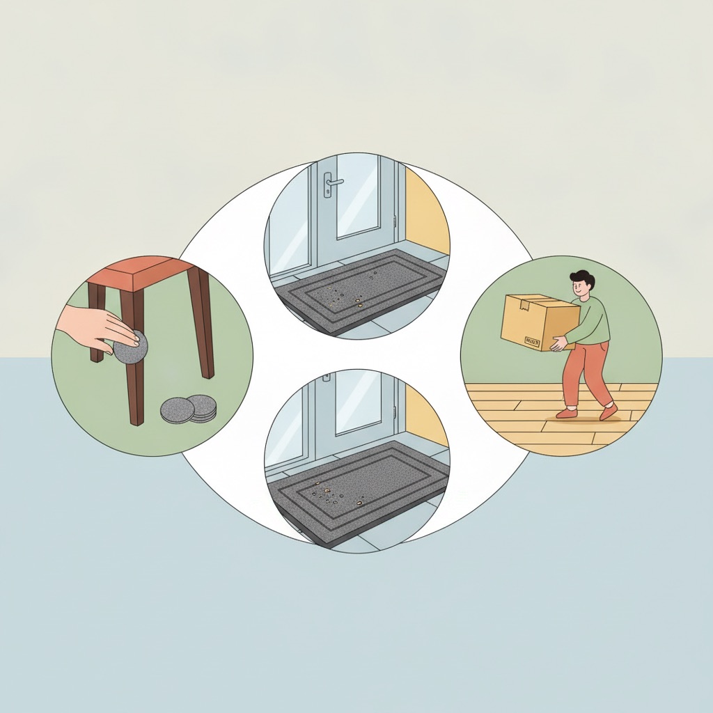 Illustration of proactive floor care: applying felt pads to furniture, using a doormat, and lifting heavy items instead of dragging them.