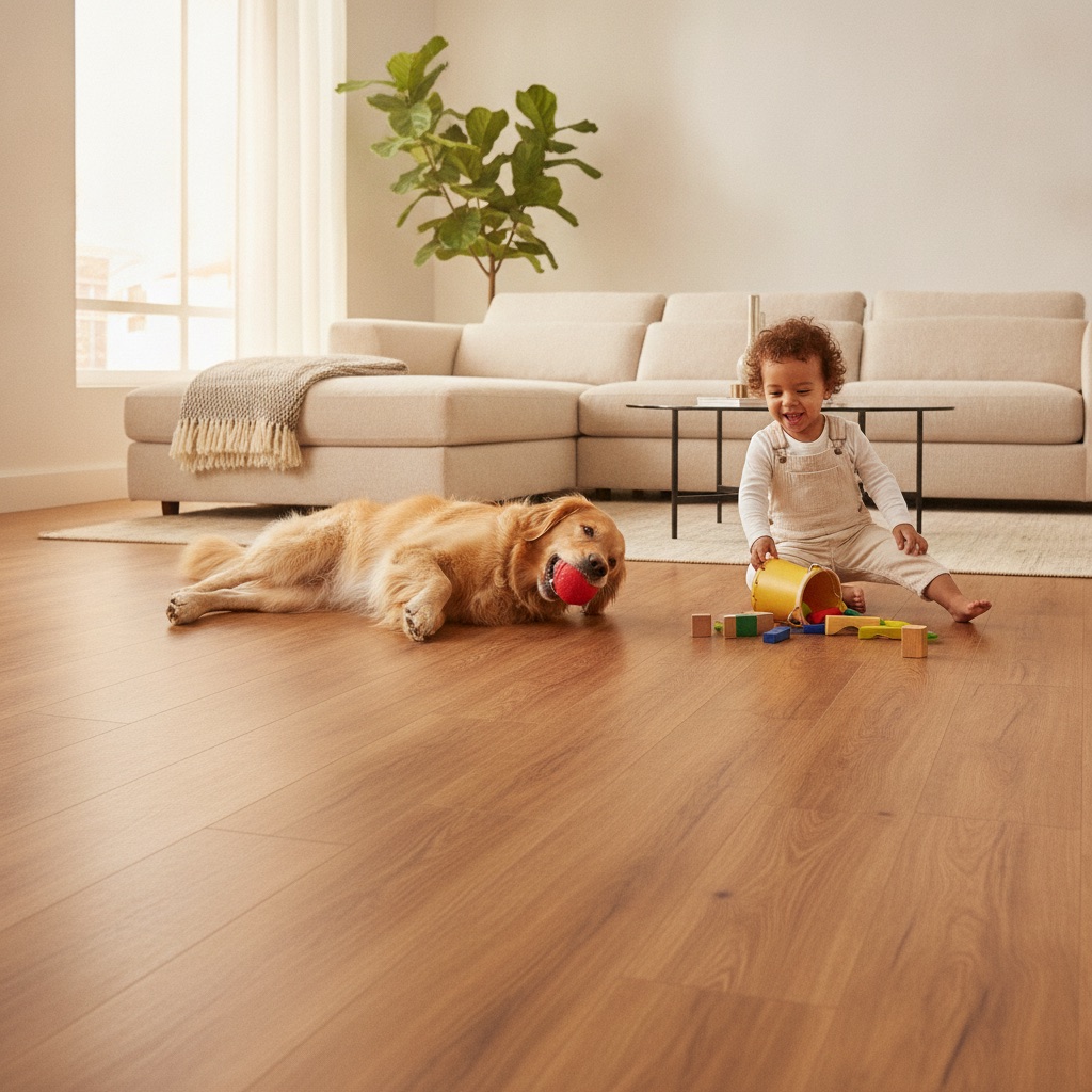 A bright, photorealistic lifestyle shot of a living room with LVP flooring, where a golden retriever and a toddler are playing with toys, and the floor remains pristine.