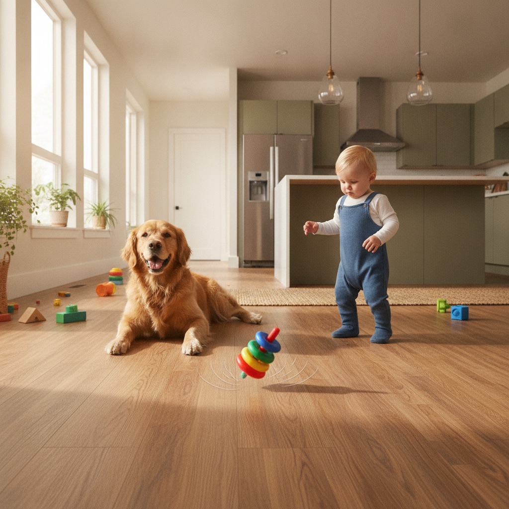 A warm kitchen scene with durable luxury vinyl flooring, showing a golden retriever and a dropped toy to illustrate the floor's resilience to family life.