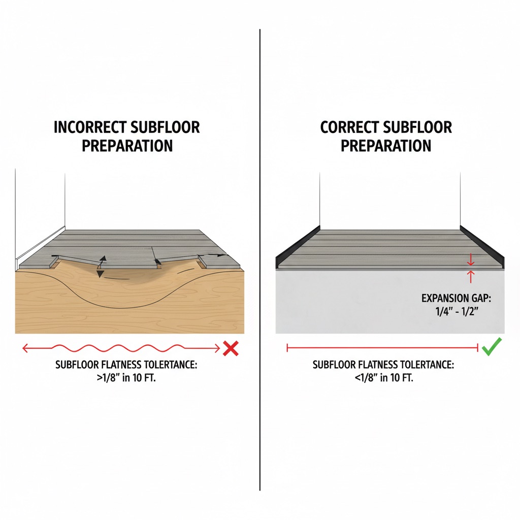 A cross-section diagram illustrating correct and incorrect subfloor preparation for rigid core flooring. On one side, show an uneven, wavy subfloor with a new flooring plank installed above it, visibly gapping or stressing at the joints. On the other side, show a perfectly flat subfloor with a new flooring plank installed correctly, demonstrating a consistent expansion gap along the wall. Include measurement lines for flatness tolerance and expansion gap. Style: technical illustration, clear and precise.