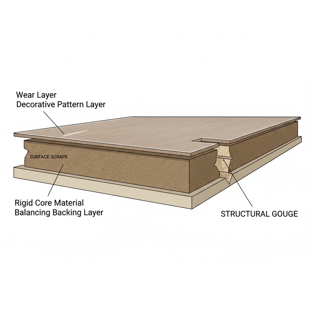 A detailed cross-section illustration of a multi-layered engineered flooring plank. On the left side, a shallow, thin scratch is visible only on the top wear layer, labeled 'Surface Scrape'. On the right side, a deep, V-shaped gouge penetrates through the wear layer and into the core material, exposing inner layers, labeled 'Structural Gouge'. Use clear, distinct layers for the flooring (e.g., transparent wear layer, decorative pattern layer, rigid core material, backing layer). Style: clean, precise technical illustration, with subtle shadows and a neutral color palette, emphasizing the depth difference.