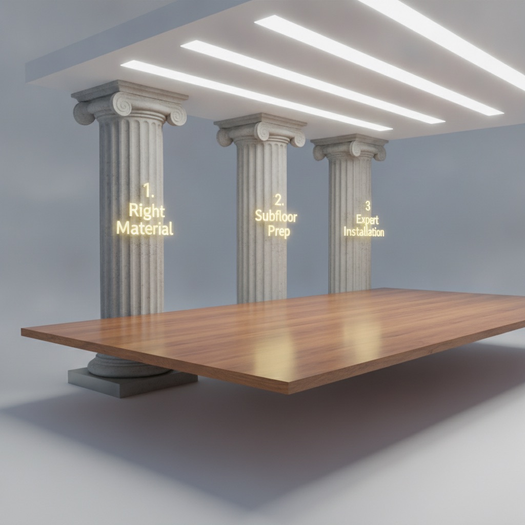 A conceptual illustration of a perfect floor supported by three architectural pillars labeled '1. Right Material', '2. Subfloor Prep', and '3. Expert Installation', symbolizing a strong foundation.