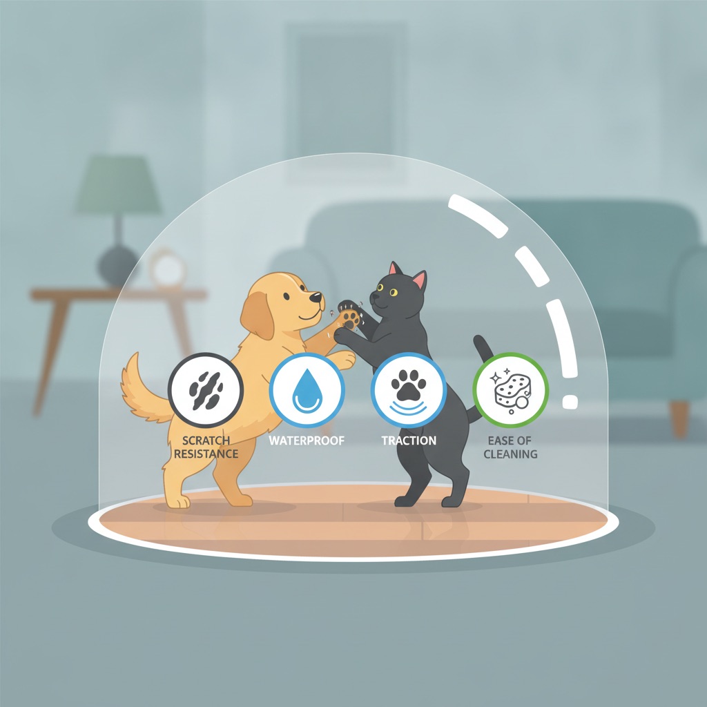 Illustration of a shield protecting a floor from a dog and cat, with four icons representing the pillars of pet-proof flooring: Scratch Resistance, Waterproof, Traction, and Ease of Cleaning.