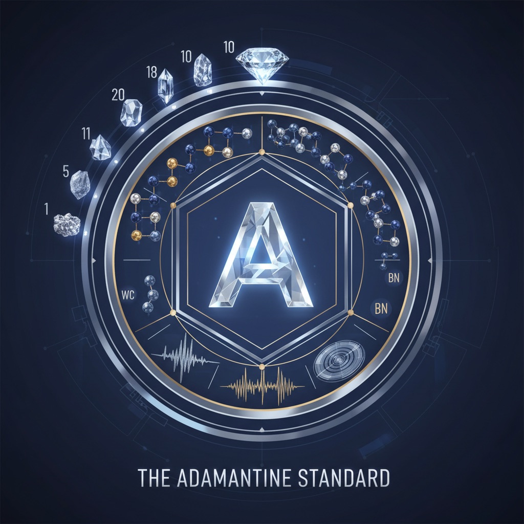 A stylized scientific illustration representing 'The Adamantine Standard' with a glowing 'A' symbol, Mohs hardness scale, molecular structures, and abstract representations of material testing.