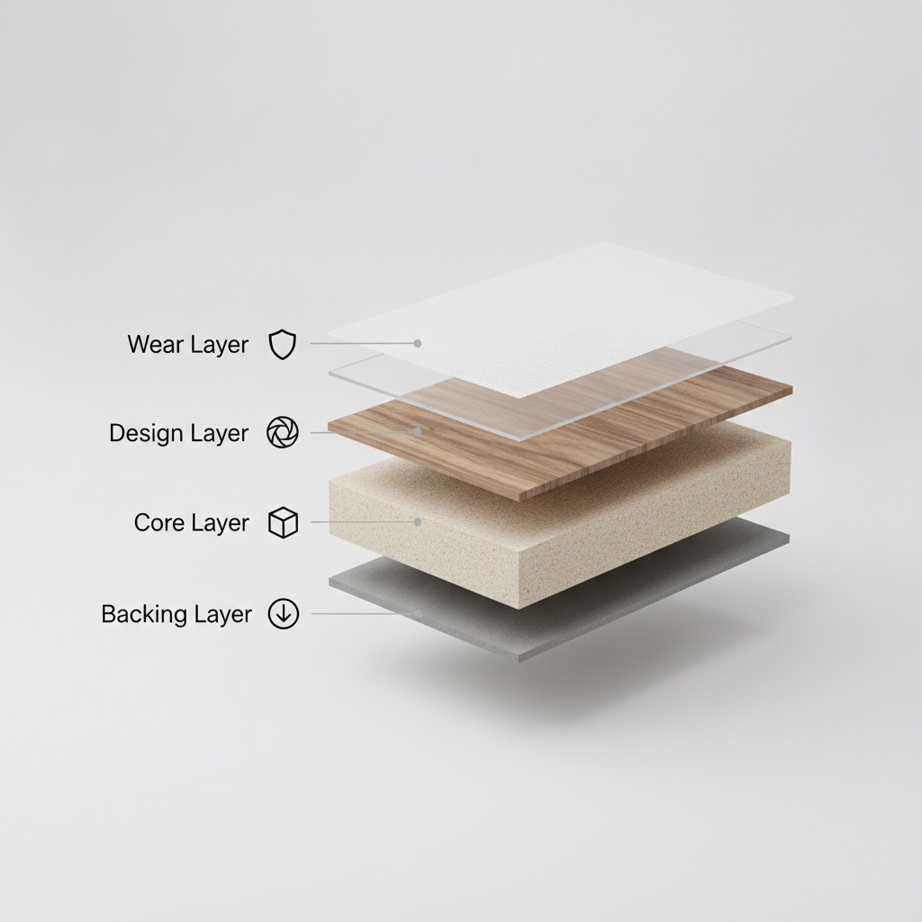 Infographic showing the cross-section of a durable flooring plank with labeled layers: Wear Layer, Design Layer, Core Layer, and Backing Layer.